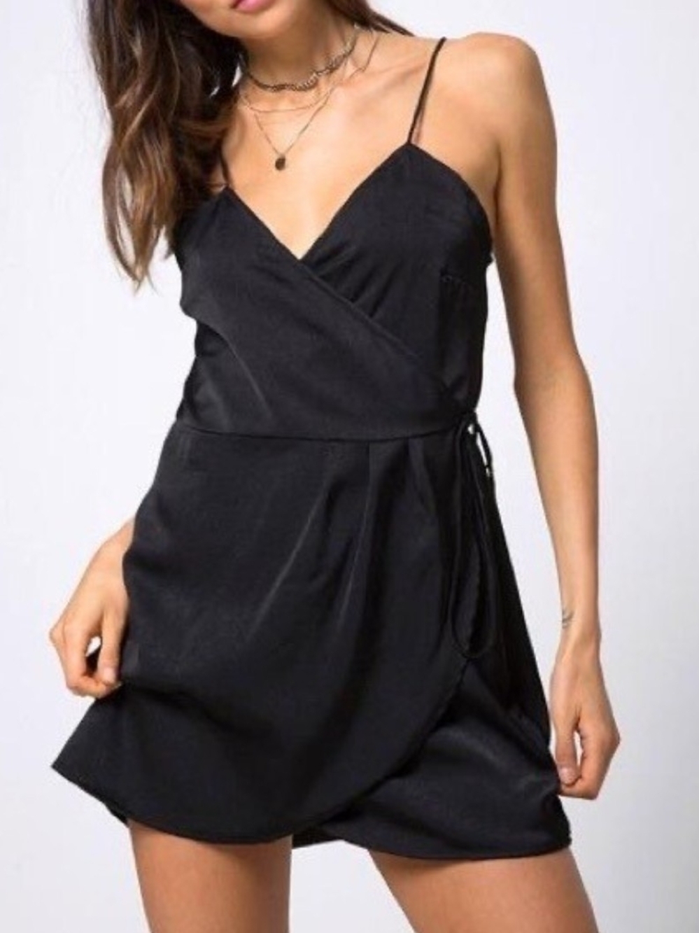 Motel Rocks Black Satin Wrap Mini Dress